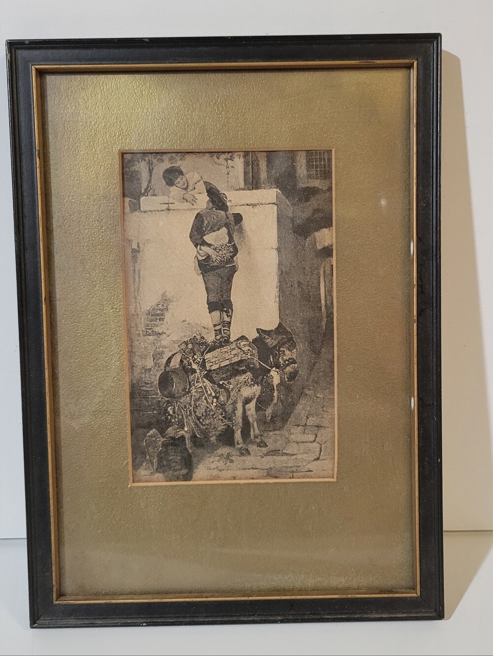 Antique Print Subject" Man Courting Lady Standing on a Donkey